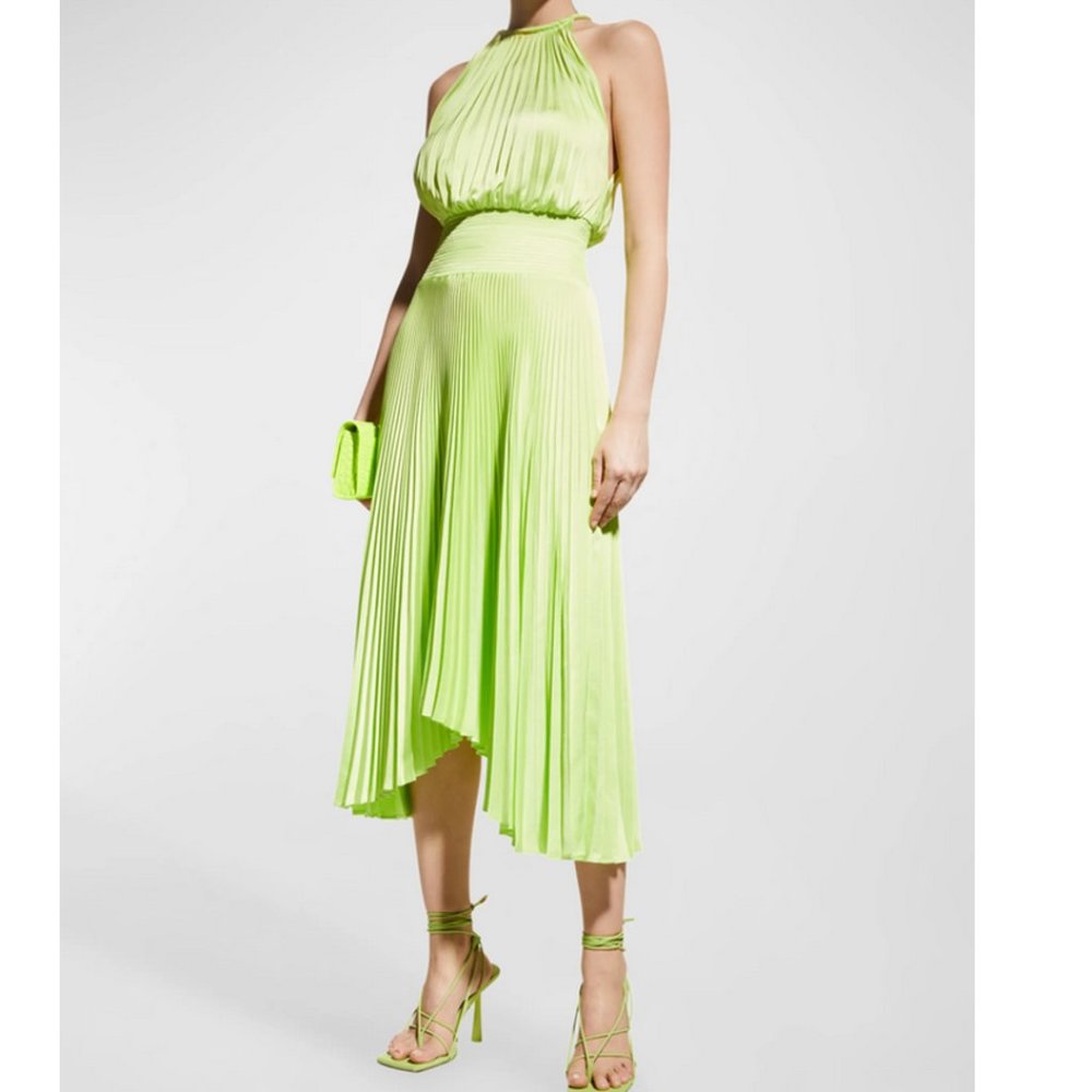NWT A.L.C. Renzo II Asymmetric Pleated Midi-Dress Size 4 in Green Kick